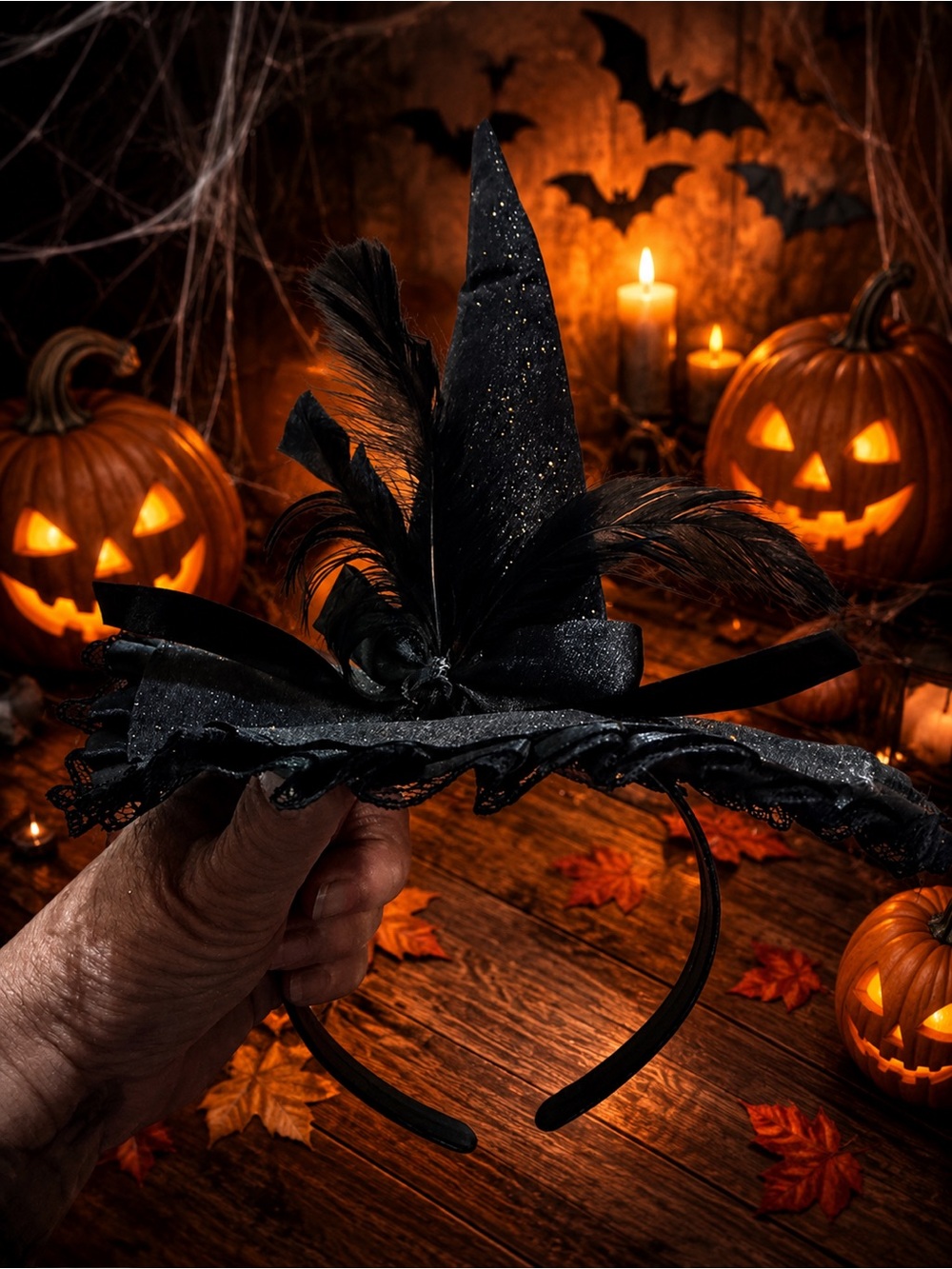 Black Feather Witch Hat Headband - Women Accessories